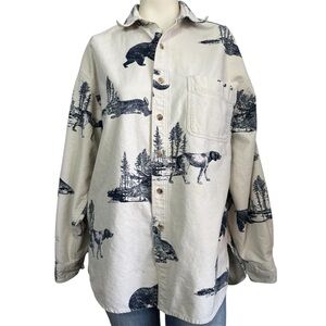 Eddie Bauer Cream Button-Down Shirt with Navy Outdoor Dog Print